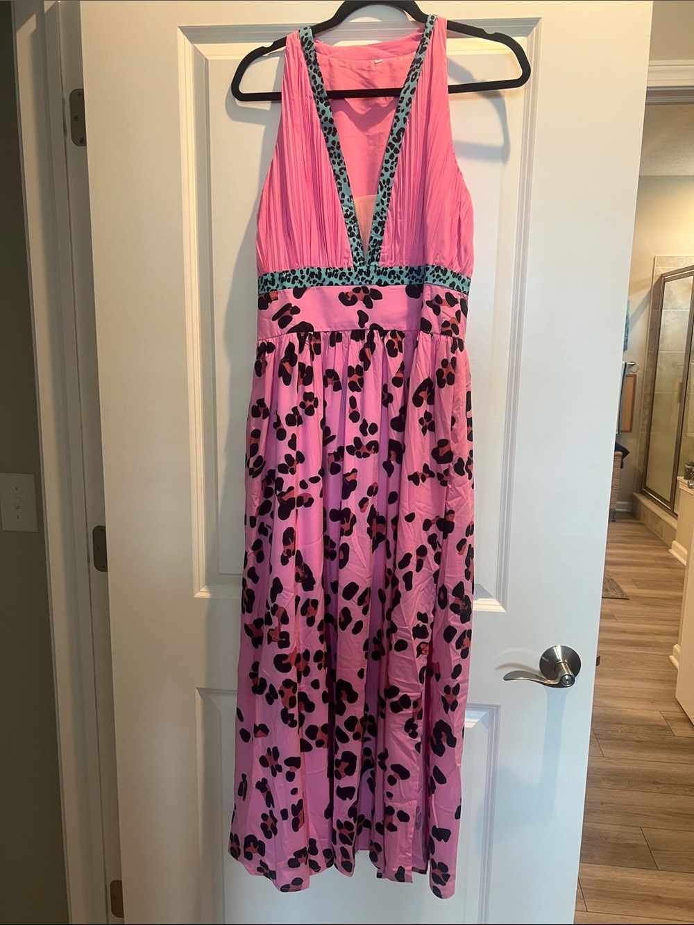 Pink Animal Print Maxi Dress with Teal Trim